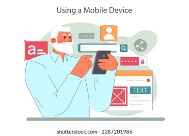 Old character with mobile phone. Person in senior age confidently using a smartphone for communication and internet surfing. Flat vector illustration