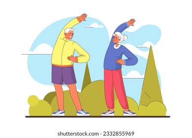 Old characters doing an outdoor workout in the city park. Active elderly couple doing sport. Stretching and gymnastics exercises. Physical activity of modern lifestyle. Flat vector illustration