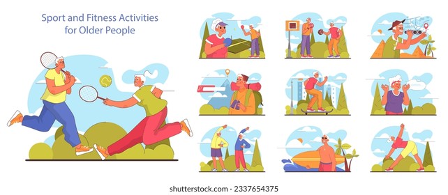 Old characters doing sport and active leisure. Active elderly people doing sport outside in the city park. Travelling and hiking hobby. Physical activity of modern lifestyle. Flat vector illustration