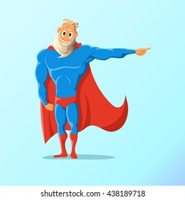 Old Charismatic Hipster Superhero. Superhero In Action. Vector Illustration.