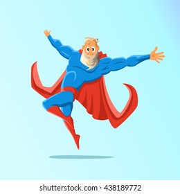 Old charismatic hipster Superhero. Superhero in action. Vector illustration.