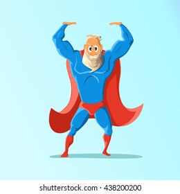 Old charismatic hipster Superhero. Superhero in action. Vector illustration.