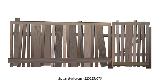 Old cheap fence with gate. Isolated on white background Vector.