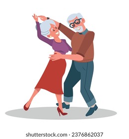 Old Cheerful Couple Dancing, Senior Characters Dance Leisure, Hobby. Elderly People Active Lifestyle, Aged Man and Woman Relations, Spend Time Together, Dating. Cartoon People Vector Illustration