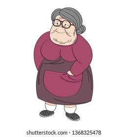 Old cheerful grey-haired obese senior woman, standing and smiling. Original hand drawn illustration.