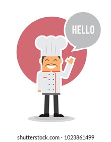 old chef chinese raised hand with speech bubble say hello