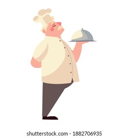 old chef with platter worker occupation restaurant vector illustration
