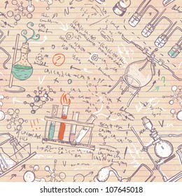 Old chemistry laboratory seamless pattern. Vector background in vintage style