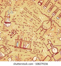 Old chemistry laboratory seamless pattern. Vector background in vintage style