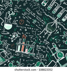 Old chemistry laboratory seamless pattern on dark green school board. Vector background