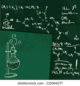 Old chemistry laboratory seamless pattern on dark green school board. Vector background