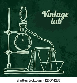 Old chemistry laboratory seamless pattern on dark green school board. Vector background