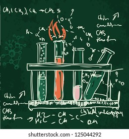 Old chemistry laboratory seamless pattern on dark green school board. Vector background