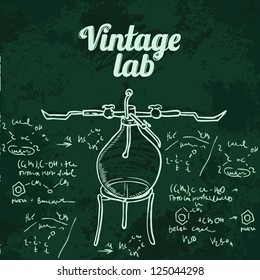 Old chemistry laboratory seamless pattern on dark green school board. Vector background