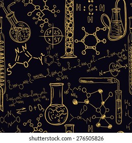 Old chemistry laboratory seamless pattern set. Vintage vector background hand drawing