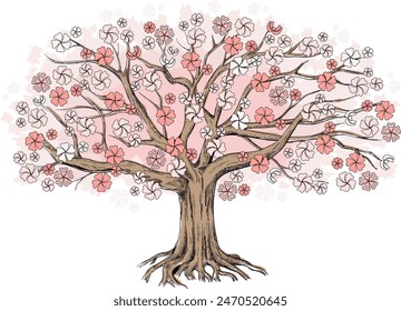 Old cherry tree with pink flowers. Large hand-drawn illustration can be used as a background and as a design element.