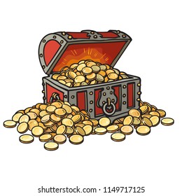 Old chest with gold coins. Piles of coins around. Cartoon style hand drawn vector illustration. Isolated on white background. Money finance wealth concept.