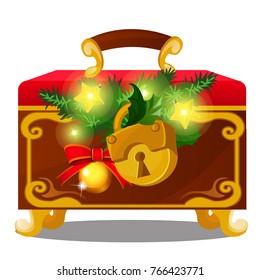 Old chest with padlock decorated with twigs of spruce, golden baubles isolated on white background. Sketch of Christmas festive poster, party invitation, holiday card. Vector cartoon close-up.