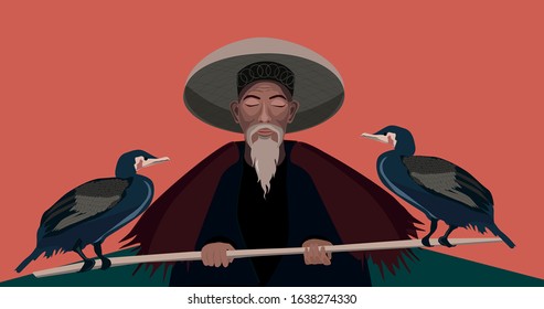 Old chinese fisherman on red background