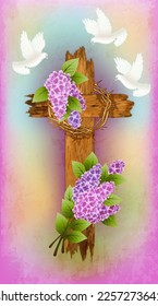 La vieja cruz cristiana de madera con palomas blancas y lilas floridas. ilustración vectorial