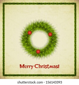 Old Christmas Card with Christmas Wreath on a Vintage background. Vector illustration.