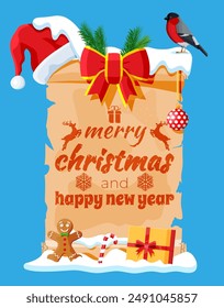 Old Christmas Parchment Scroll with Red Santa Claus Hat, Gift Box and Bow. Happy New Year Decoration. Merry Christmas Holiday. New Year and Xmas Celebration. Vector Illustration Flat Style