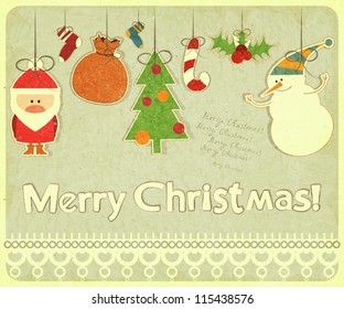 Old Christmas postcard with Christmas-tree decorations. Santa Claus, snowman and Christmas decorations on a Vintage background. Vector illustration.