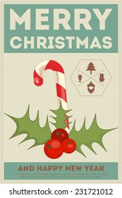 Old Christmas postcard. Mistletoe and Candy in Retro Style. Vector illustration.