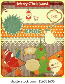 Old Christmas postcard with Santa Claus, snowman and Christmas decorations on a Vintage background. Vector illustration.
