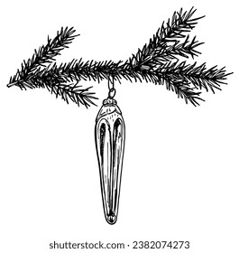 Old Christmas tree icicle toy  for vintage Xmas design. Sketch Christmas baubles. Christmas tree and decorations. Hand drawn Merry Christmas and Happy New Year.  Vector illustration