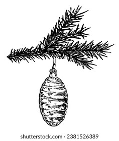 Old Christmas tree toy, vintage pine cone. Christmas tree and Christmas decorations. Hand drawn sketch Merry Christmas and Happy New Year. Vector illustration