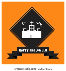 Old church building with bats flying and moon icon. Black Happy Halloween Ribbon Banner on Orange background. Vector illustration