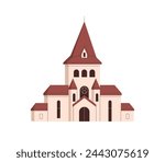 Old church building exterior. Medieval christian religious architecture facade, front view. Abstract historical small temple, European cathedral. Flat vector illustration isolated on white background