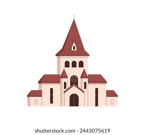 Edificio de iglesia antigua exterior. Fachada de arquitectura religiosa cristiana medieval, vista frontal. Templo pequeño histórico abstracto, catedral europea. Ilustración vectorial plana aislada sobre fondo blanco