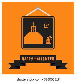 Old church Building in graveyard with bats flying and Moon icon. Black Happy Halloween Ribbon Banner on Orange background. Vector illustration