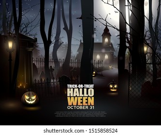 Old church and cemetery in a haunted forest at night. Halloween template