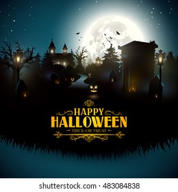 Old church and tomb in gloomy woods - Halloween card