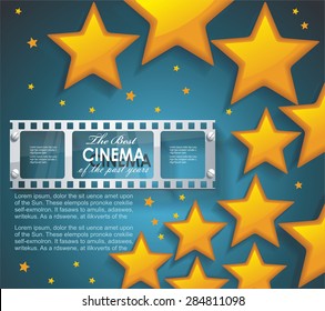 Old Cinema banner with gold stars and film tape. Vector cinema background.