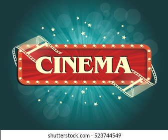 Banner de cinema antigo com rolo de listras. Fundo de cinema vetorial.