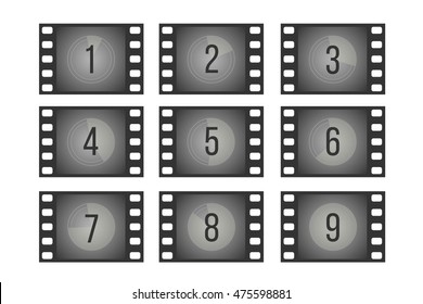 Old cinema film countdown movie frames with numbers vector set. Reverse the sequence count illustration