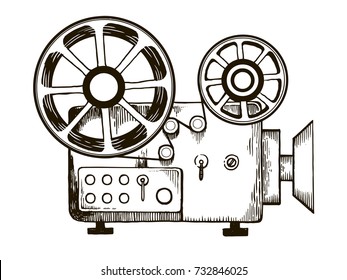 Old Cinema Projector Engraving Vector Illustration. Scratch Board Style Imitation. Hand Drawn Image.