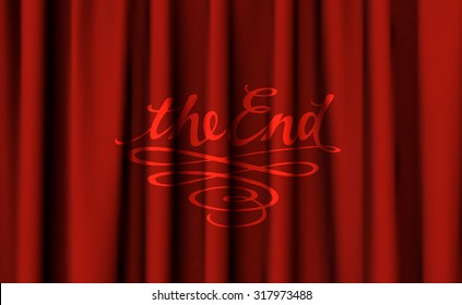 Old cinema styled text "The End" on dark red curtain background, vector