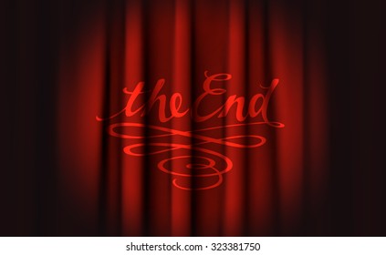 Old cinema styled text "The End" on dark red curtain background and vignette. Vector Illustration EPS10.