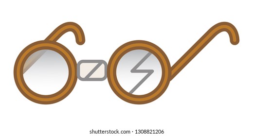 Old circle eye glasses broken lightning shaped crack isolated on white