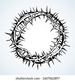 Old circle sharp spike. Redeemer good king head round spine wreath on light text space. Line dark hand drawn abstract humility rescue emblem logo design in art retro engrave print style. Close up view