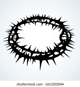 Old circle sharp spike. Redeemer good king head round spine wreath on light text space. Line dark hand drawn abstract humility rescue emblem logo design in art retro engrave print style. Close up view