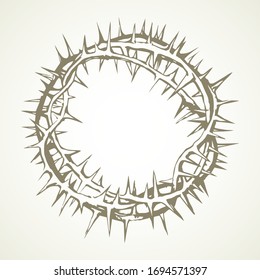 Old circle sharp spike. Redeemer good king head round spine wreath on light text space. Line dark hand drawn abstract humility rescue emblem logo design in art retro engrave print style. Close up view