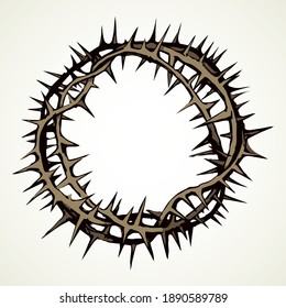 Old circle sharp spike. Redeemer good king head round spine wreath on light text space. Line dark hand drawn abstract humility rescue emblem logo design in art retro engrave print style. Close up view