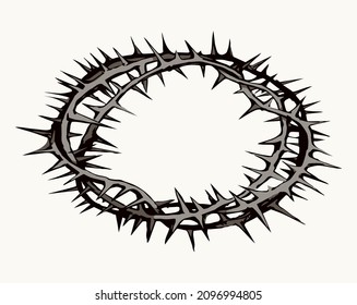 Old circle sharp spike. Redeemer good king head round spine wreath on light text space. Line dark hand drawn abstract humility rescue emblem logo design in art retro engrave print style. Close up view