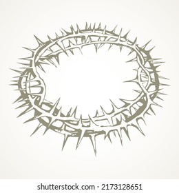 Old circle sharp spike. Redeemer good king head round spine wreath on light text space. Line dark hand drawn abstract humility rescue emblem logo design in art retro engrave print style. Close up view